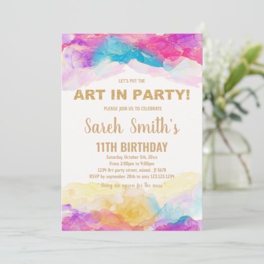 Party für künstlerische Pinselstriche Einladung (Stehend Vorderseite)