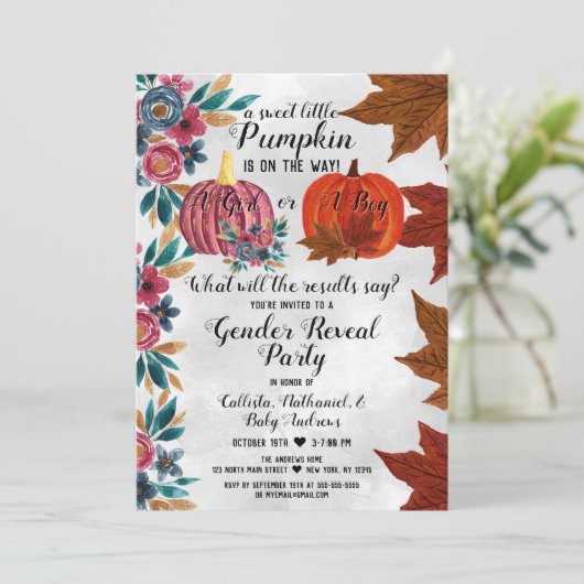 Party für Mädchen oder Junge Fall Pumpkin Gender R Einladung (Stehend Vorderseite)