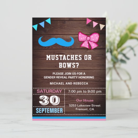 Party für Mustaches oder Bows Gender Reveal Einladung (Stehend Vorderseite)