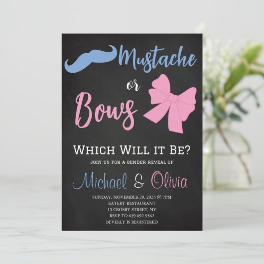 Party für Mustaches oder Bows Gender Reveal Einladung (Stehend Vorderseite)