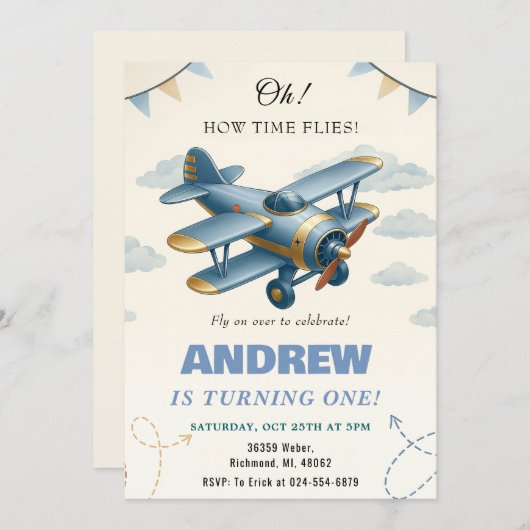 Party für Privatflugzeuge 1 Geburtstag Einladung (Vorne/Hinten)