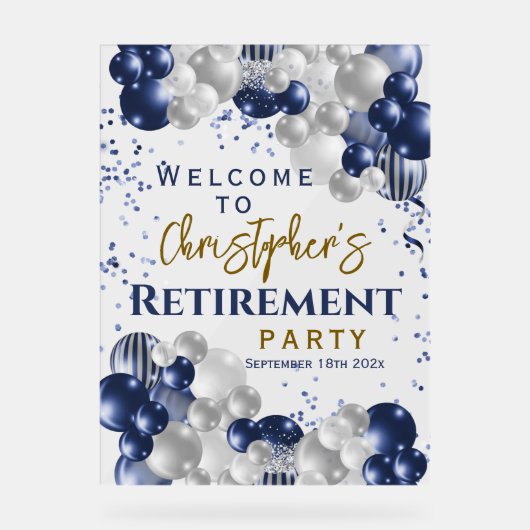 Party für Rentenzahlungen Begrüßung Blaue Balloons Acrylschild (Vorderseite)