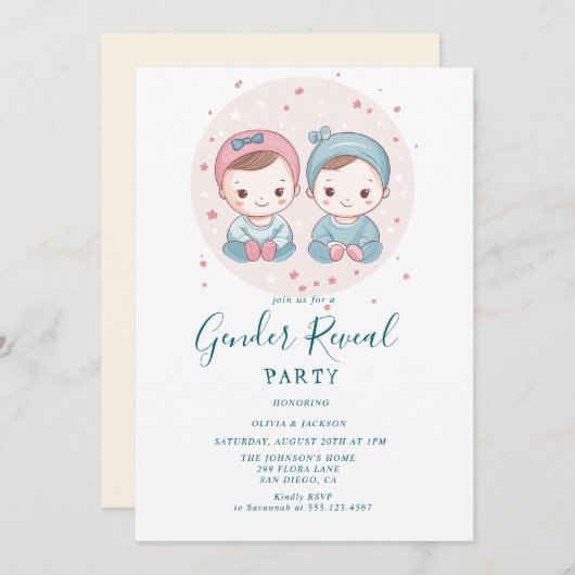 Party für Rosa und Blauer Junge oder Mädchen Einladung (Vorne/Hinten)