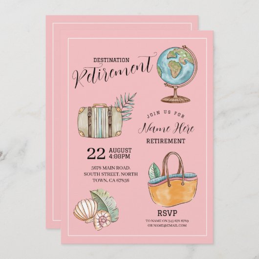 Party für Ruhestandsreisen für Frauen - Koffer ros Einladung (Vorne/Hinten)