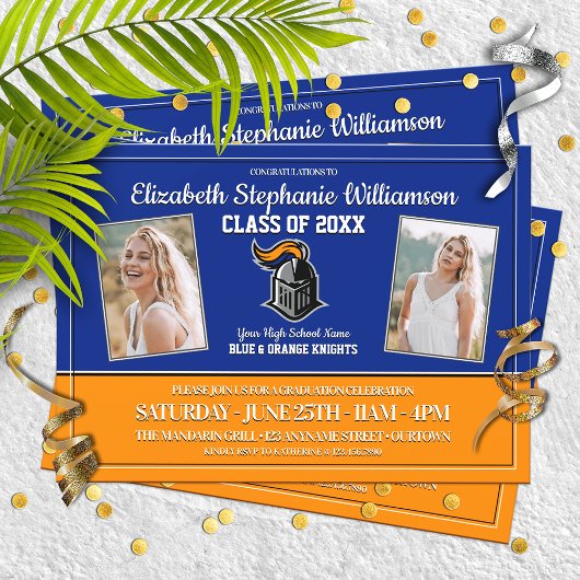 Party für Schulfarben Blau und Orange Graduation Einladung