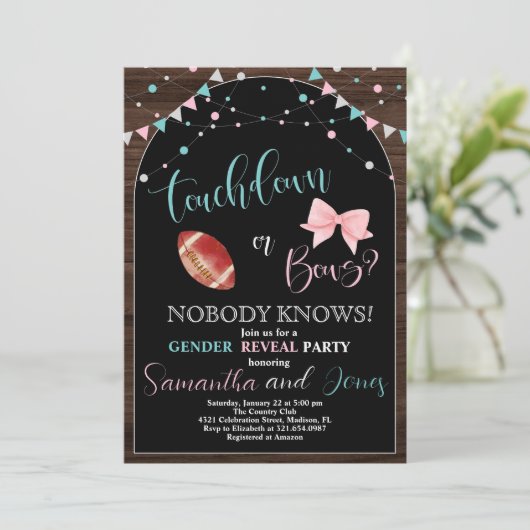 Party für Touchdown oder Bows Gender Reveal Einladung (Stehend Vorderseite)