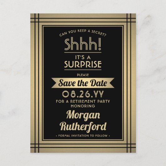 Party für unvorhergesehene Rentenerträge - Schwarz Ankündigungspostkarte (Vorderseite)