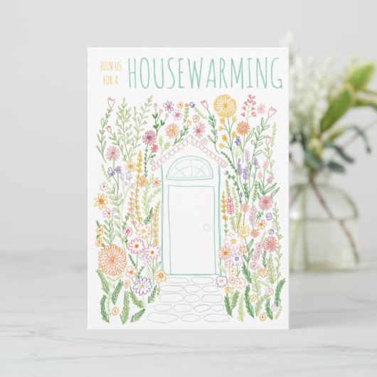 PARTY Gärtnerei Tür farbenfroh Doodle Einladung (Stehend Vorderseite)