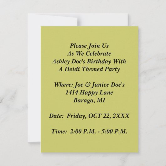 Party-Geburtstag EINLADUNGEN Schweizer Alpen-Heidi (Rückseite)