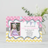 Party Gelb, Blau, Rosa Pendants Geburtstag Einladung (Stehend Vorderseite)