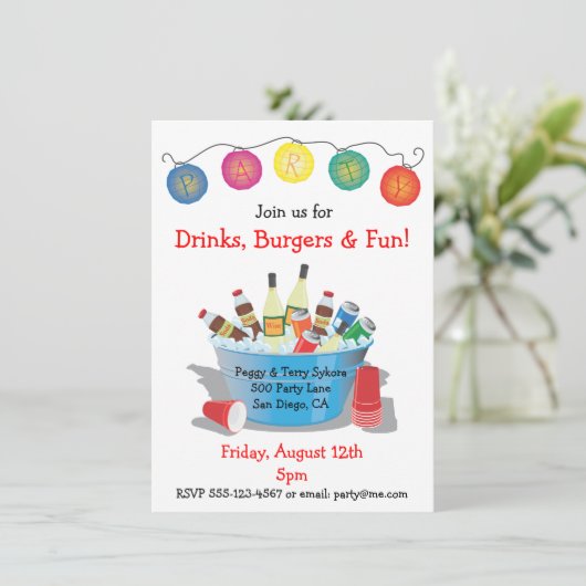 Party Getränke Einladung mit Wein, Limonade und Bi (Stehend Vorderseite)