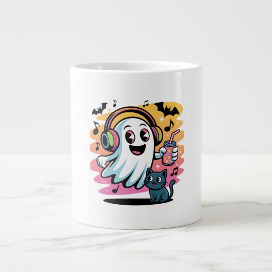 Party Ghost with Cat Cute Halloween Cartoon Jumbo-Tasse (Vorderseite)