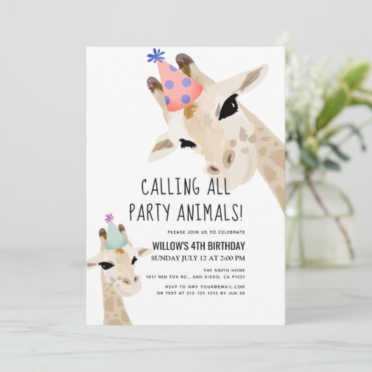 Party Giraffe Geburtstag Einladung (Stehend Vorderseite)