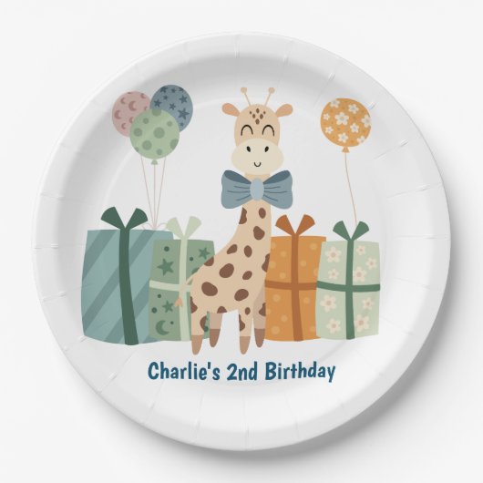 Party, Giraffe mit Geschenken und Ballon Pappteller (Vorderseite)