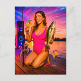 Party Girl Angeln mit Cocktail und Musik Feiertagspostkarte