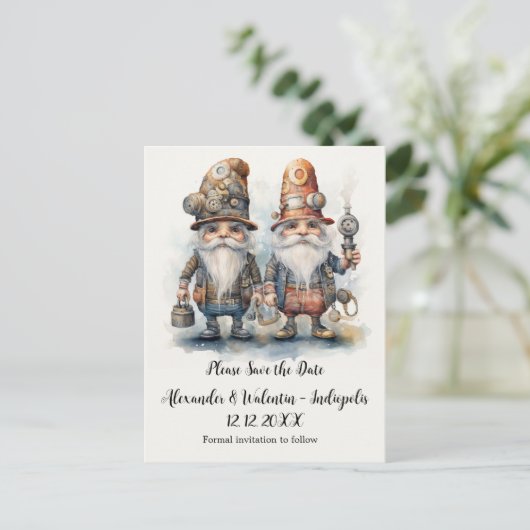 Party Gnomes Save the Date Postkarte (Stehend Vorderseite)