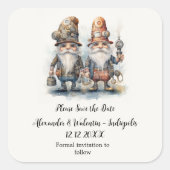 Party Gnomes Save the Date Quadratischer Aufkleber (Vorderseite)