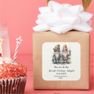 Party Gnomes Save the Date Quadratischer Aufkleber