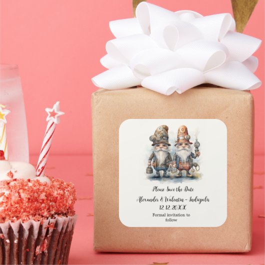 Party Gnomes Save the Date Quadratischer Aufkleber (Party)