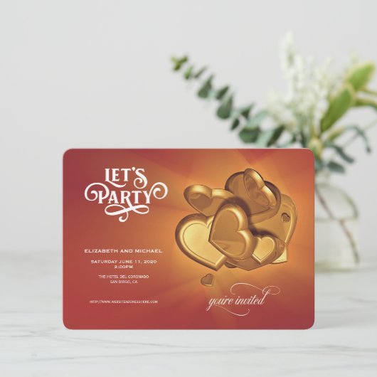 Party Gold Hearts Save the Date (Version 5) (Stehend Vorderseite)