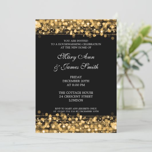 Party Gold Lights & Glitzern Einladung (Stehend Vorderseite)
