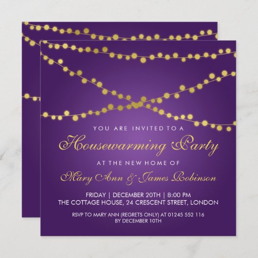 Party Gold String Lights Lila Einladung (Vorne/Hinten)