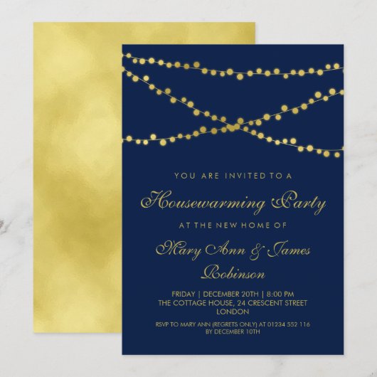 Party Gold String Lights Navy Blue Einladung (Vorne/Hinten)