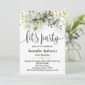 Party Greenery Gold Glitzer Geburtstag Einladung (Stehend Vorderseite)