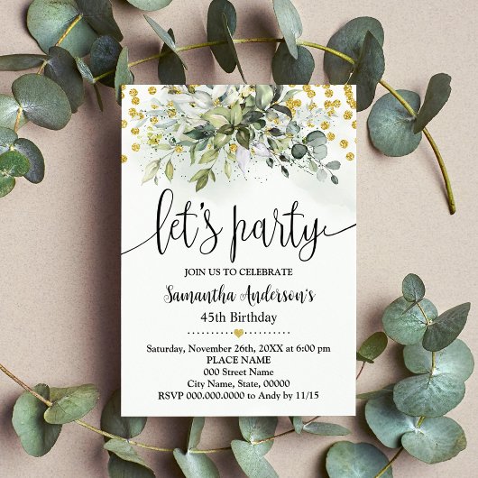 Party Greenery Gold Glitzer Geburtstag Einladung