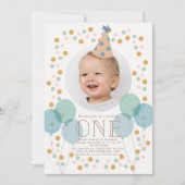 Party Hat & Balloons Blue Foto 1. Geburtstag Einladung (Vorderseite)