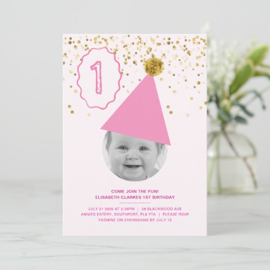 Party Hat - Mädchen Einladung 1. Geburtstag (Stehend Vorderseite)
