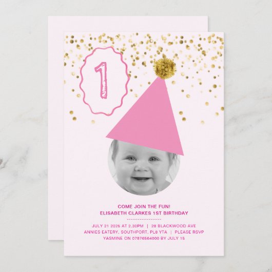 Party Hat - Mädchen Einladung 1. Geburtstag (Vorne/Hinten)