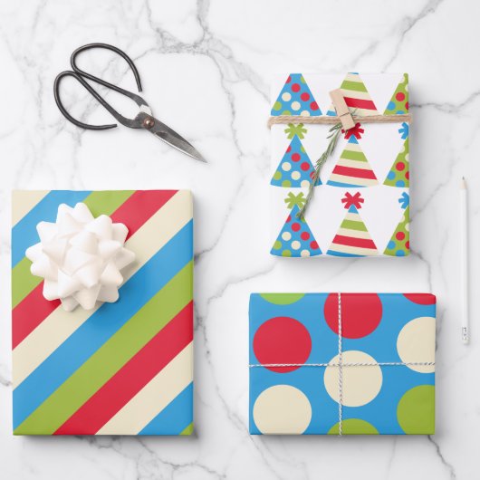 Party Hat Polka Dots Stripte Geschenktücher Geschenkpapier Set (Vorderseite)
