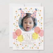 Party Hats & Balloons Rosa Foto 1. Geburtstag Einladung (Vorderseite)