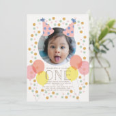 Party Hats & Balloons Rosa Foto 1. Geburtstag Einladung (Stehend Vorderseite)