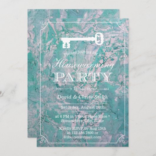 Party Hauwärmung Skeleton Aquamariner Marmor Einladung (Vorne/Hinten)