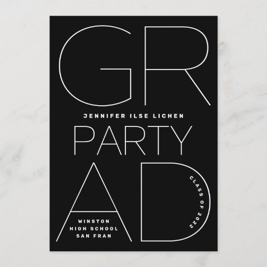 Party High School Grad Schwarz-weiß Modernes Minim Einladung (Vorderseite)