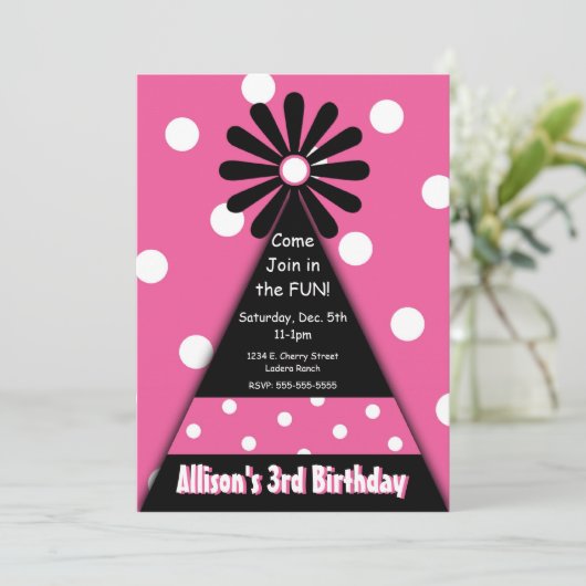 Party Hut mit Pink Polka Dots Einladung (Stehend Vorderseite)