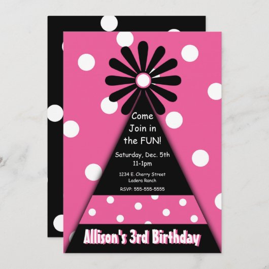 Party Hut mit Pink Polka Dots Einladung (Vorne/Hinten)