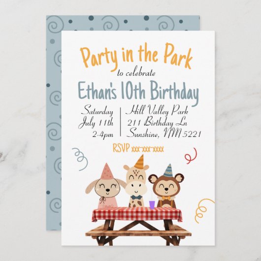 Party im Park Einladung zum Geburtstag (Vorne/Hinten)