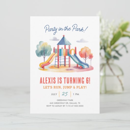 Party im Park Playground Geburtstag Einladung (Stehend Vorderseite)