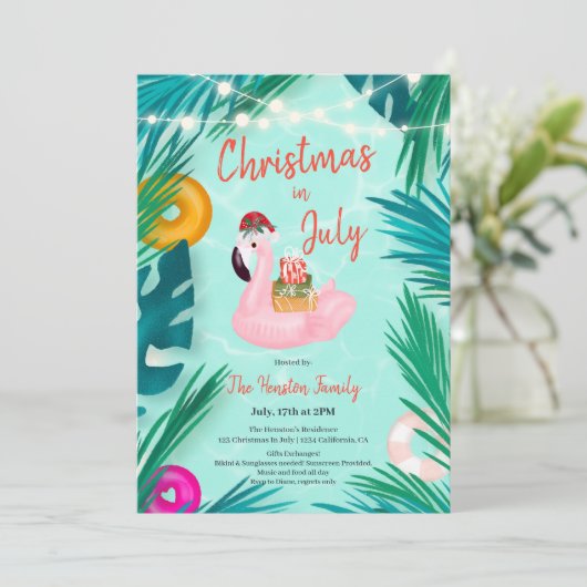 Party im tropischen Pool Weihnachten im Juli Einladung (Stehend Vorderseite)