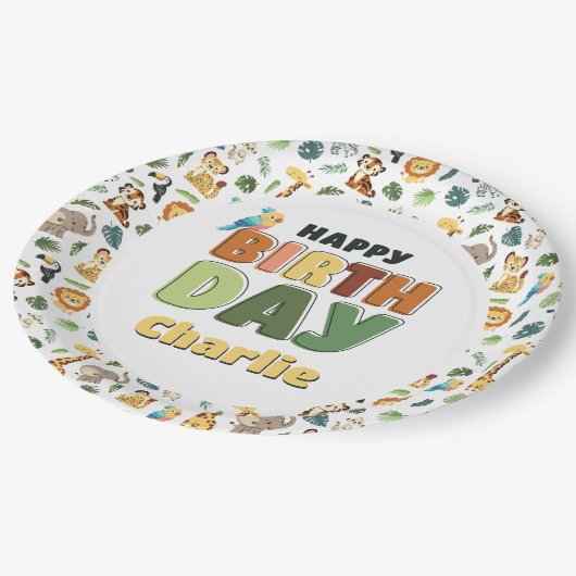 Party im Zoo Safari Animal Happy Birthday Pappteller (Schrägansicht)