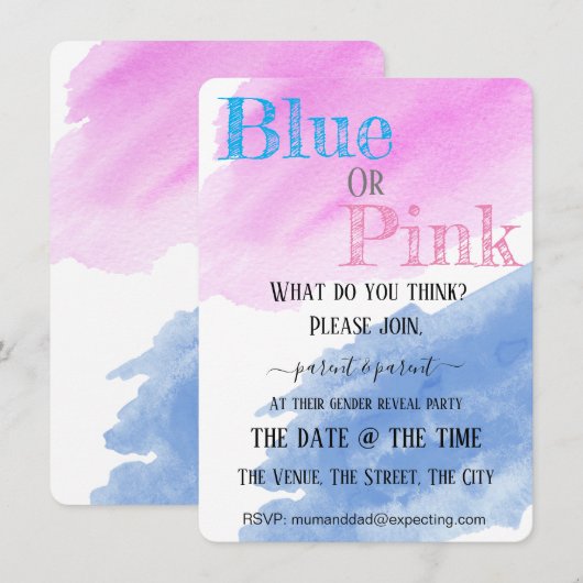 Party in blau oder rosa Wasserfarbe Einladung (Vorne/Hinten)