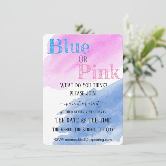 Party in blau oder rosa Wasserfarbe Einladung (Stehend Vorderseite)