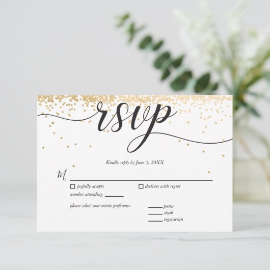 Party Invite Response Card (UAWG), Golden Confetti RSVP Karte (Stehend Vorderseite)