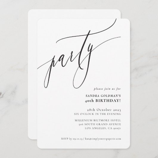 PARTY Kalligraphie stilvoll minimalistisch Schwarz Einladung (Vorne/Hinten)