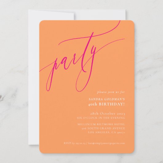 PARTY Kalligraphie stilvoll minimalorange rosa Einladung (Vorderseite)