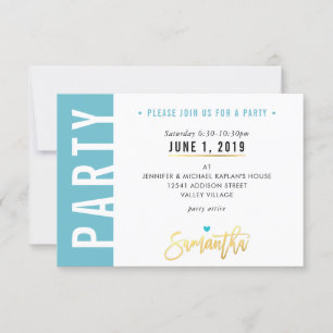 PARTY-KARTE süßes Türkisblau weiße Herzen Gold RSVP Karte