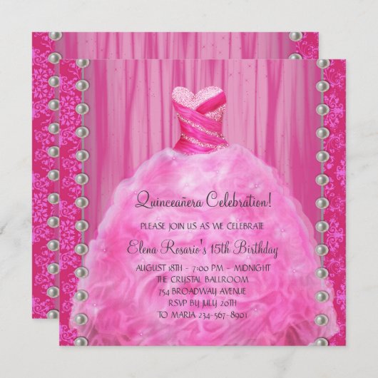 Party Kleidung Perlen Hot Pink Quinceanera Einladu Einladung (Vorne/Hinten)